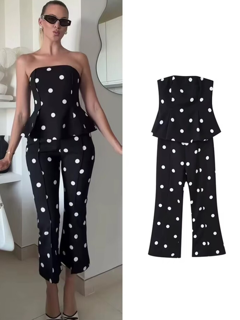 Strapless Sleeveless Ruffles Hem Tube Top High Waist Flare Pants Ladies Romper